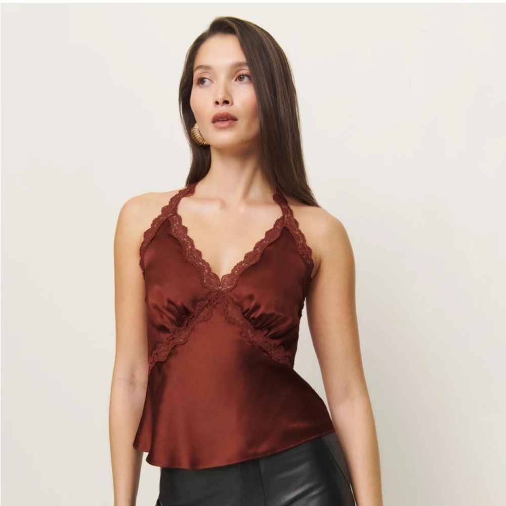 Reformation Brown Lace Trim Halter Top